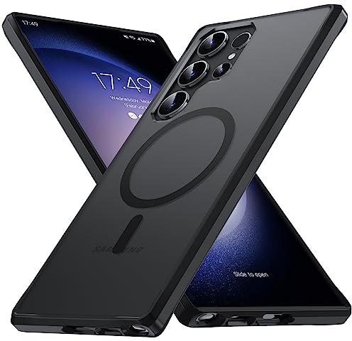 FNDMIL Magnet für Samsung Galaxy S23 Ultra Hülle mit MagSafe [NO.1 Magnetisch] [Anti-Fingerabdruck] [Militärschutz Stoßfest] Translucent Matt Hart Rückteil mit Weich Silikon Bumper Dünn Case, Schwarz