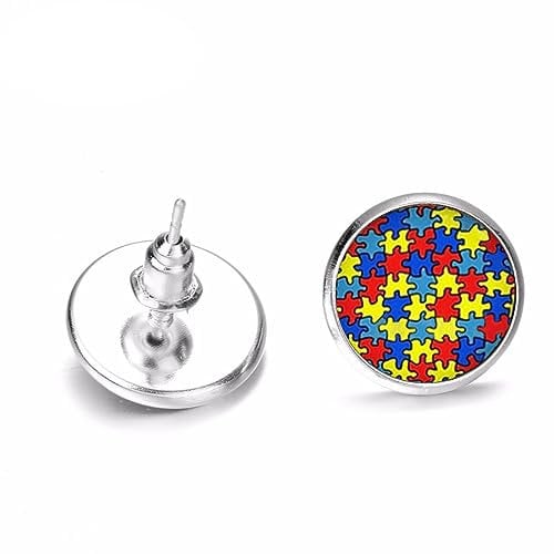 Earrings Colorful Jigsaw Puzzle Pieces Take Care of Autism Symbol Pattern Glass Gem Mini Ear Studs Jewelry