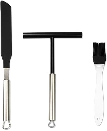 quiodok 3 Pieces Crepe Spreader and Spatula Crepe Spatula Set, Stainless Steel Crepe Pancake Tools, Crepe Spreader and Spatula Kit with Silicone Oil Brush for Kitchen, Bakery, Pancake Stand