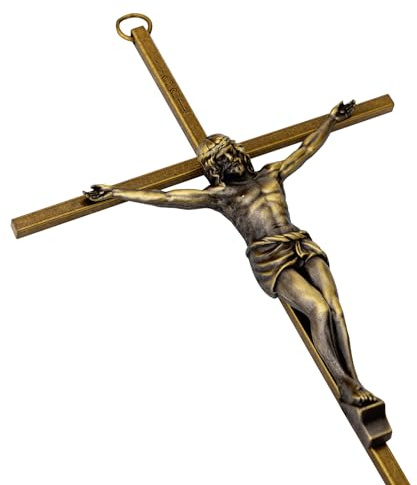 KUXBET Crucifix Wall Cross, Metal Vintage Wall Hanging Cross,10inch Antique Brass Jesus Crucifix Home Décor