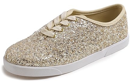Feversole Women's Casual Trainer Ladies Sneakers Colorful Lace-Up Fashion Shoes Light Gold Glitter Size 3.5