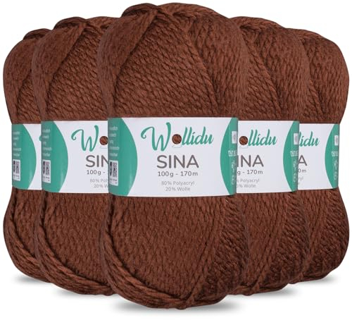 Wollidu Sina Wolle zum Stricken und Häkeln 500g Premium Strickwolle/Häkelwolle Set OEKO-TEX zertifiziert 5 x 100g/170m 80% Polyacryl 20% Schafwolle mulesing-frei - Dunkelbraun