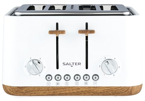 Salter EK5823WHT Toronto 4-Slice Toaster – Wide Slots, 6 Browning Levels, Removable Crumb Tray, Defrost, Reheat, Cancel, Self-Centring Function, High-Lift Eject, 1630 W, Wood Effect, Matt White