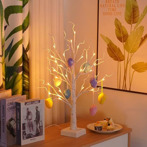 Osterbaum Licht Oster Tischdekoration, künstliche Mini-Birke, Bonsai-Dekoration, Nachtkamin für Schlafzimmer, wunderschön Batterie oder USB-betrieben (inklusive 8 Ostereier), 60 cm