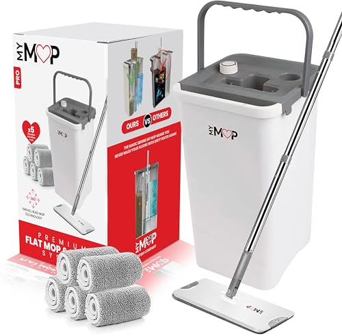 MY MOP Pro – Flachmopp- und Eimer-Set, 3-Kammer-Reinigungssystem, trennt sauberes und schmutziges Wasser, um 360° drehbarer Kopf, 5 nasse und trockene wiederverwendbare Mikrofaser-Pads im Lieferumfang