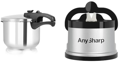 Tower T80244 6L/22cm Pressure Cooker with Steamer Basket, Stainless Steel, Silver & AnySharp Knife Sharpener, Hands-Free Safety, PowerGrip Suction, Safely Sharpens All Kitchen Knives