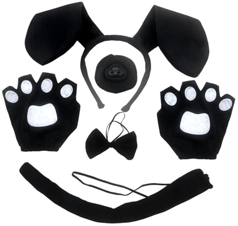 XNIVUIS 5 Pezzi Set Costume Cane Cucciolo Nero,Costumi Animali,Fascia Cucciolo con Orecchie Cane Coda e Naso Guanti Papillon per Bambini Adulti Halloween Cosplay Compleanno(Nero)