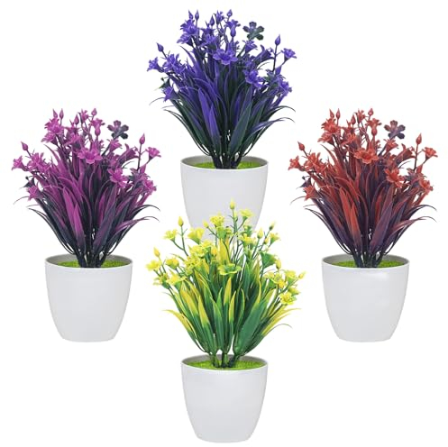 LACGO 4pcs Small Artificial Potted Flowers, Plastic Potted Indoor Fake Flower in Pot Faux Flower Plant Potted for Home Office Table Living Room Outdoor Decor
