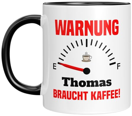 TassenTicker - Warnung, braucht Kaffee - Personalisiert - Geschenk - Tasse mit Spruch - Geburtstagsgeschenk - Geburtstag (Schwarz)