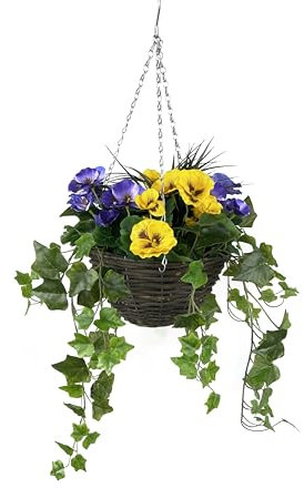 GreenBrokers Pansy with Ivy Vine in Hanging Basket (Anti-UV)(25cm diameter basket) Yellow & Purple