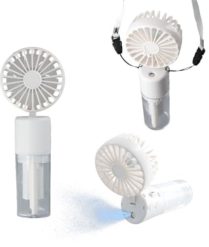 3 en 1 Ventilateur Portable, Ventilateur de Poche Silencieux 4 Vitesses, Ventilateur Brumisateur Rechargeable avec Lanière, Ventilateur de Table Pliable 180° Maison Bureau, Endurance 6-8h (Blanc)