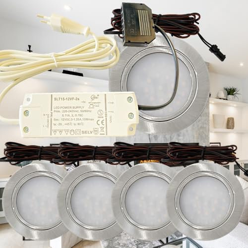 Lichtfaktor24 5er Set LED Möbel Einbaustrahler 12V ultra flach 2.4W Einbauleuchten Mila 160lm mit LED Trafo und 230V Zuleitung 3000K Warmweiß Lochausschnitt: 58 bis 60mm Silber Plug and Play Spots