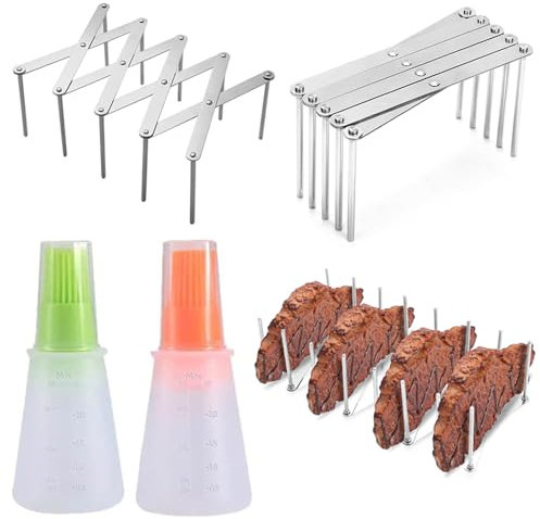 Tohoee 2 Pezzi Porta BBQ in Acciaio Inox, Regolabile Retrattile Rack per Costine, Ripiano per Barbecue per La Preparazione di Costolette O Arrosto con 2 in Silicone Bottiglia