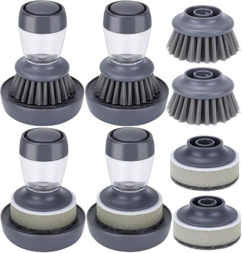 Cepillo para lavar platos con dispensador de detergente, 4 unidades con dispensador de detergente integrado, juego de cepillos de limpieza para presionar para vajilla, ollas, ollas, sartenes