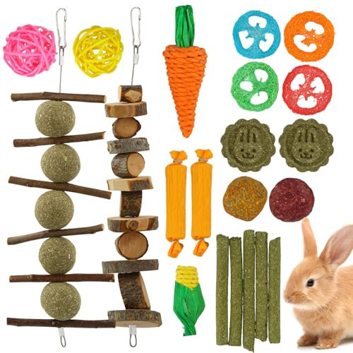 Amexo 21 pièces Jouet Lapin, Jouets à mâcher pour Dentition des Petits Animaux pour Nettoyage des Dents, matériaux naturels Jouets de Dentition pour Lapins Chinchillas Cobayes et Autres Rongeurs
