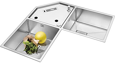 DLAZUM Fregadero de Acero Inoxidable, Fregadero de Cocina de Esquina de Dos Senos, con Estante para Cuchillos bajo encimera, con Conjunto de Drenaje, 3 Orificios, 33,5 x 33,5 x 8,7 Pulgadas de Prof
