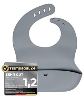 MiniMates Silikon Lätzchen mit Auffangschale und Verschluss | BPA - frei und wasserdicht | aus weichem Silikon mit verstellbarem Verschluss (Grau)