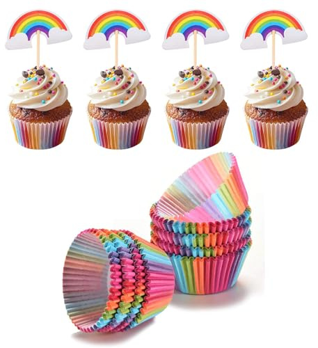 Regenbogen Mchen Papier 100 Stück Muffins Papierförmchen 10 Stück Regenbogen Deko Form Cupcake Topper Muffin för Mchen Papier für Geburtstag Kindergeburtstag Baby Shower Party Dessert Hochzeit