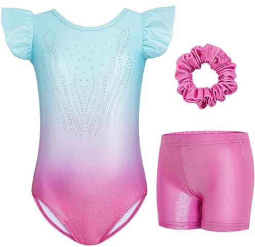 Gogokids Mädchen 3-teiliges Flatterärmel Gymnastik Set - Kinder Gymnastiktrikots mit Farbverlauf Pailletten & Glitzer Design, Gymnastikkostüm Set enthält Trikot, Shorts und Haarband für 3-12 Jahren