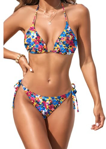 Holipick Zweiteiliges Triangel-Bikini-Set für Damen, String-Badeanzug, Neckholder-Top mit seitlicher Bindung, Bikinihose, Mehrfarbiges Blumenmuster, Large