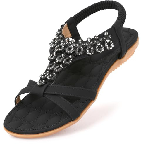 Amissz Women Sandals Flat Shoes Comfort Walking with Non Slip on Casual Summer Beach Sandals Dress Ankle Elastic Open Toe Rhinestone Bohemian Black-1 Size 7