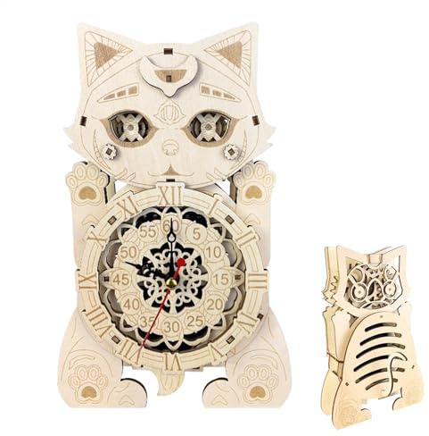 Katzenuhr Modell Holzuhr Kit Kreatives Bauset Lindenholz Uhr Dekorative Schreibtisch Ornament Spaß Handwerk Projekt für Zuhause Cafe Decor 8,62 Zoll