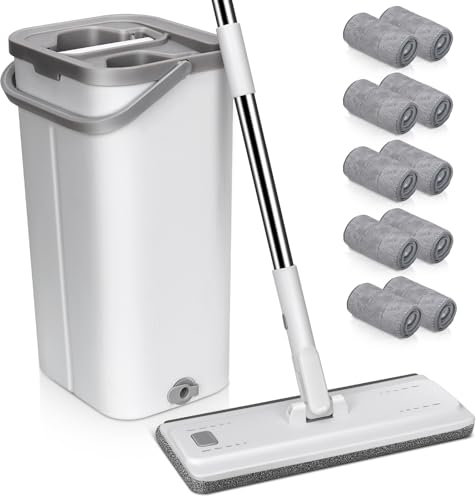 MASTERTOP Juego de Fregona y Cubo, Fregona Plana Cubo con 5 Paños de Microfibra, para Limpiar Suelos de Madera, Laminados, Azulejos y Mármol (Blanco)