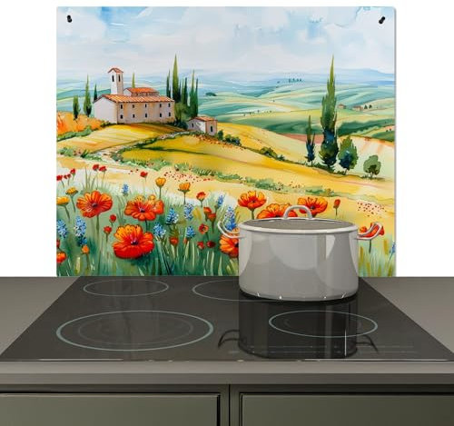 KitchenYeah© Spritzschutz Küchenrückwand Vinyl 60x52 cm Küche Deko Wandschutz Wandverkleidung, Cerankochfeld Abdeckung Blumen - Landschaft - Natur - Gemaltes Aussehen