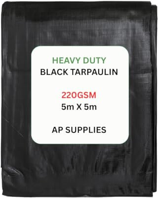 AP Supplies Black Tarpaulin 220gsm 5m x 5m – Waterproof Cover with Reinforced Edges & Rust-Resistant Eyelets – Durable Polyethylene Outdoor Sheet for Construction, Garden & Camping