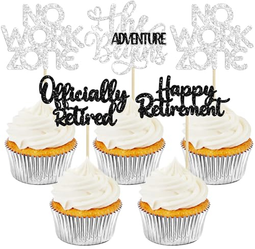 Cupcake-Topper, Motiv: Happy Retirement, offizieller Ruhestand, keine Arbeitszone, Abenteuer, Cupcake-Picks, Ruhestand, Abschied, Geburtstag, Party, Dekoration, Zubehör, Silber, 24 Stück