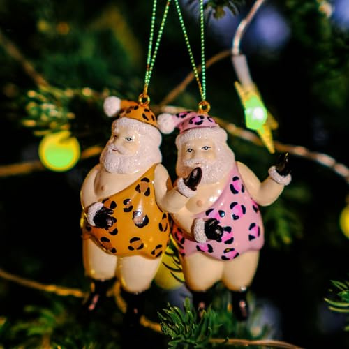 Amanman Geblasene Glas-Weihnachtsbaumkugeln Lustige Weihnachtsmann-Kugeln 2er-Pack – Verspielte Weihnachtsmänner mit Leopardenmuster!