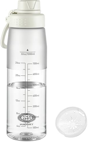 GOPPUS 1L/32oz Clear Tritan Water Bottle with Screw Lid, Drinks Bottle with Wide Mouth, Fruit Infuser, Leakproof, BPA Free, Carry Handle, Measurement Markings, Dust Cap (Clear)