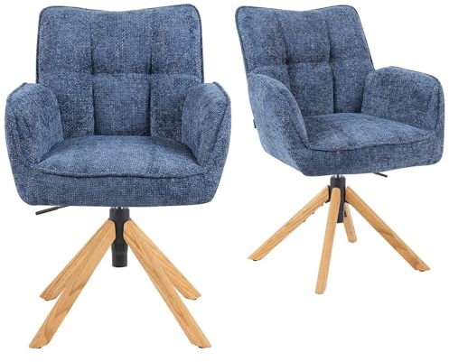 DUBI Möbel 2er Set Esszimmerstühle höhenverstellbar, Bürostühle & Konferenzstühle, 360° drehbar mit Taschenfederkern, ergonomisch gepolstert, Eichegestell, Stoff Blau, Modell Mika-Keno