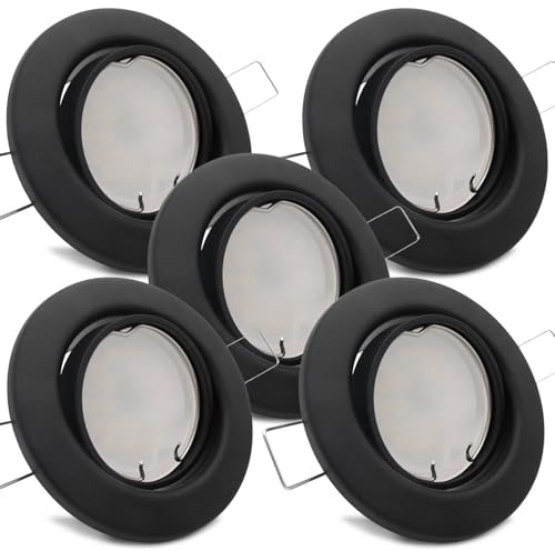 trendlights24 Decora LED Einbaustrahler flach dimmbar Schwarz 230V 5er Set | extra flach, ET 35 mm, Spot, 5W, 400lm, Warmweiß, 3000K, austauschbar, Deckenspot, Decken Einbauleuchte, rund, schwenkbar