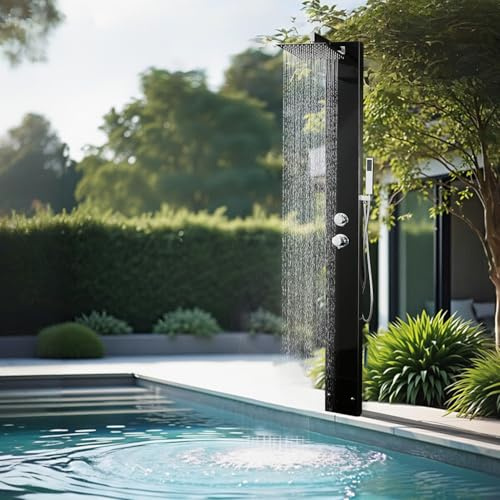 304 Edelstahl Gartendusche mit gehärtetem schwarzem Glas Einhebelmischer Überkopf & Handbrause ohne Bodenplatte - Außenduschsystem