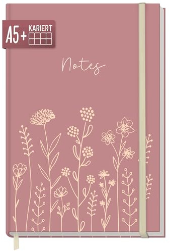 Häfft paper&you® Notizbuch A5+ kariert - Journal Fine Flowers rosé | 156 karierte Seiten, 100g/m² Papier, Gummiband & Lesebändchen - Notebook, Schreibbuch, Tagebuch für kreative Notizen
