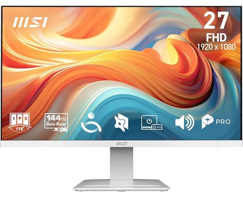 msi PRO MP273WA E14A Monitor PC 27 FHD, 1920x1080 IPS, 144 Hz, 1 ms, HDR Ready, Adaptive-Sync, Eye Care, Altoparlanti Integrati, HDMI 2.0, DP 1.2a, Senza Cornice, Inclinabile, VESA Mount, Bianco