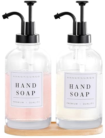 KSITEX Distributeur de savon 2 pièces, ensemble de distributeur de savon pour vaisselle et mains en verre pour cuisine et salle de bain, ensemble de distributeur de savon pour les mains et de lotion