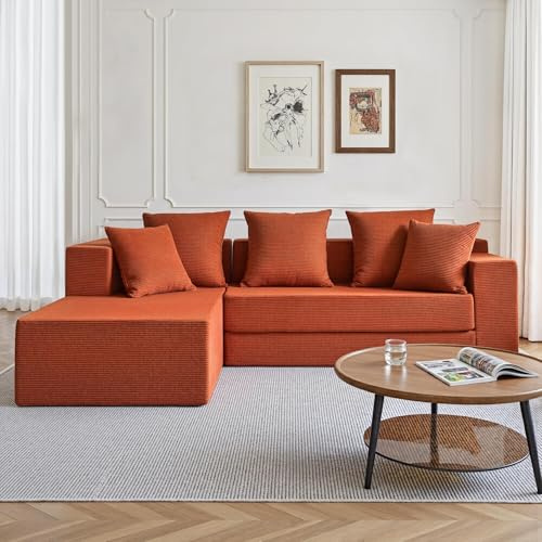 YINIX Boneless Cloud Couch L-Form mit Schlaffunktion, Modulares Ecksofa Cord für kleine Wohnungen, 3-Sitzer Schlafsofa Klappbar mit Tiefer Sitzfläche, Inkl. Kissen, 235cm (Orange)
