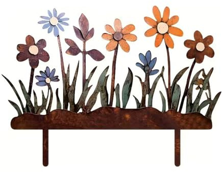 Rusokufo Metall Wilde Blumen Stecker 30 x 20,5 cm, Doppelseitig, Metallblumen Gartendeko mit Rostoptik, Dekorative Gartenstecker & Rasendeko für Außenbereich, Zaunobendeckel Deko