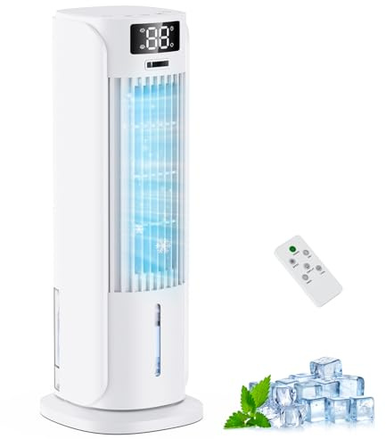 Enfriador de Aire Portátil 4 en 1 con Mando a Distancia, 2 Modos, 6 Niveles de Ventilación, Oscilación 90°, Temporizador 12H - Silencioso - Sin Manguera de Escape, para Hogar y Oficina