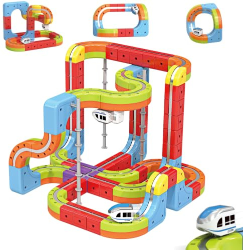 Trenino Elettrico per Bambini 88 Pezzi, Set di Assemblare con Binari 3D e Due Trenino Elettrico, Set di DIY Circuito Giocattolo Creativo, Regalo Bambini 3-12 Anni