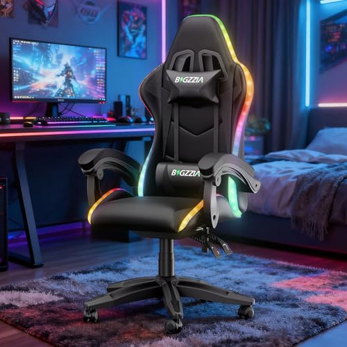 GartistGo Gaming Chair with Led Lights, Ergonomic Reclining Chair with RGB Lights, Adjustable Headrest & Lumbar Support, PU Leather Computer Office Chair, Height & Tilt Adjustable (Black)