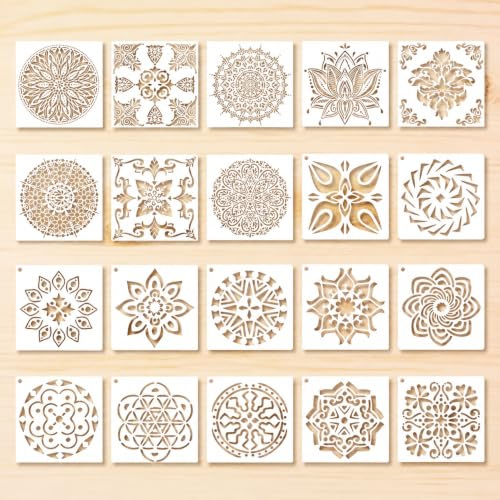 Shalve 20 Mandala Schablonen 20 x 20 cm, Wiederverwendbare PVC Malvorlagen mit Blumenmustern für DIY Basteln, Wandkunst, Leinwand, Holz, Stoff, Scrapbooking und Airbrush