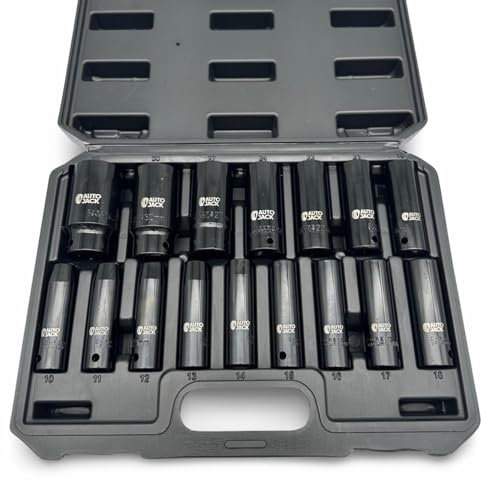 Autojack Impact Socket Set 1/2 inch Square Drive Metric 16pcs 10-32mm Long Sockets, Impact 6 Point with Black Strong Case