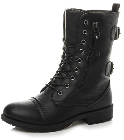 Ajvani Womens Ladies Flat Low Heel Lace up Zip Combat Military Ankle Boots Size 4 UK Black Matte