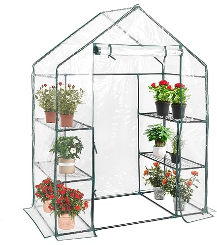 COSTWAY Gewächshaus Foliengewächshaus, Treibhaus mit 2 Pflanzenständern & aufrollbaren Tür, Tomatenhaus Tomaten, Pflanzenhaus mit PE Gitterfolie, 143x73x195cm, Weiß und transparent