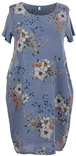 Storm Island Ladies Italian Linen Dress Ribbed Short Sleeves Sides Women Floral Top (16-18) Denim