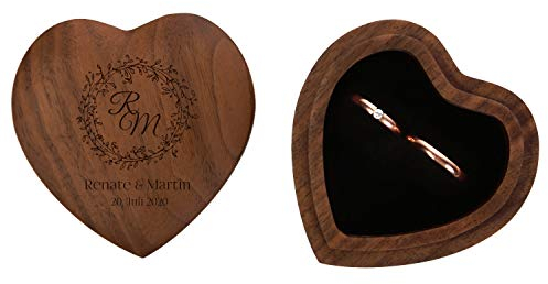 FORYOU24 Ringkissen als Herz aus Holz mit Gravur zur Hochzeit Motiv 03 dunkel - Ring Schatulle mit Deckel personalisiert, Namen und Datum, Holz Ringbox zur Trauung oder Verlobung, Ringträger