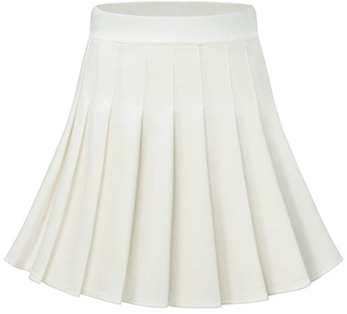 Dressystar Damen Dehnbar Faltenrock Schulmädchen Solide Skater Tennis Basic Mini Rock Weiß XS